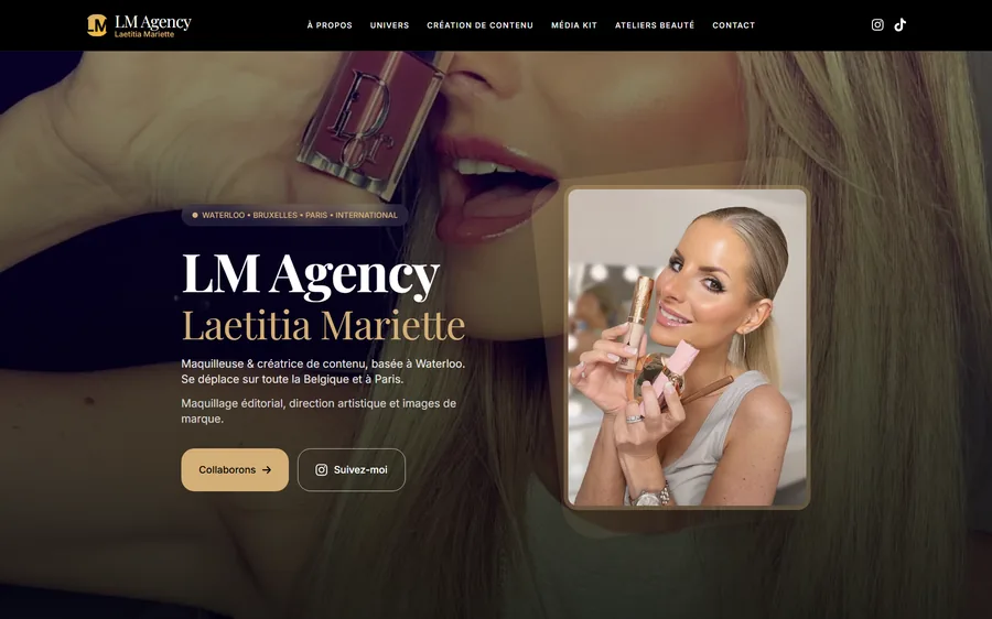 Page d'accueil du site LM Agency : titre doré sur un portrait beauté plein cadre